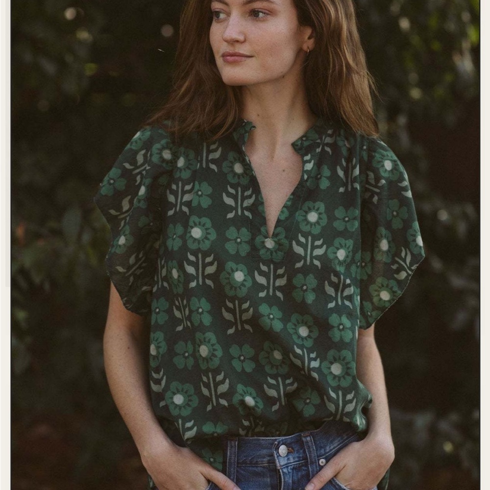 Trovata Birds of Paradis Marcella Brett clover patch green cotton blouse XS